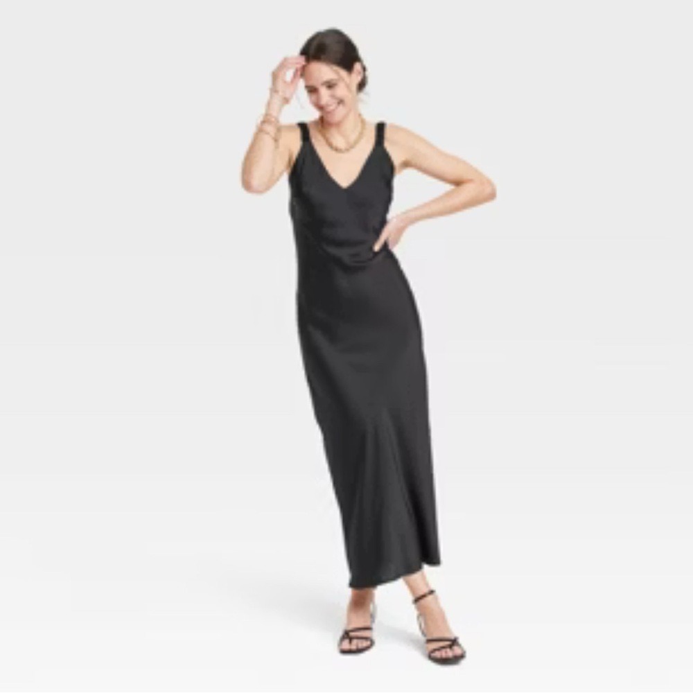 A New Day Satin Slip Dress Womens Large Black Midi Adjustable Strap V-Neck